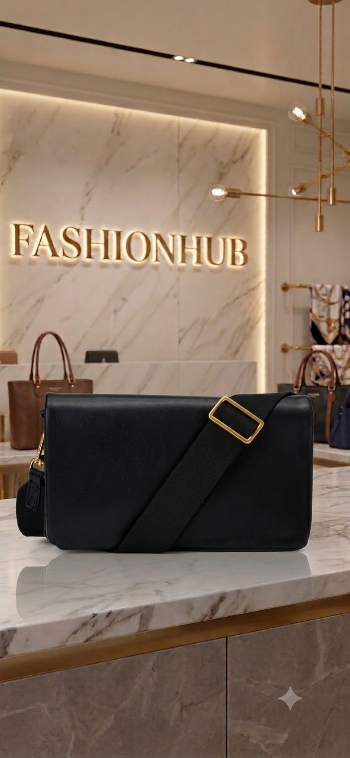 Black Minimalist Crossbody Bag with Gold Buckle Strap