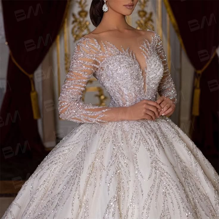 Luxury Hand-Beaded Long Sleeve Bridal Gown