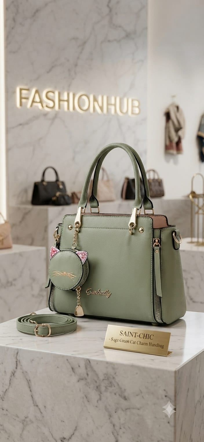 SAINT-CHIC Sage Green Cat Charm Handbag