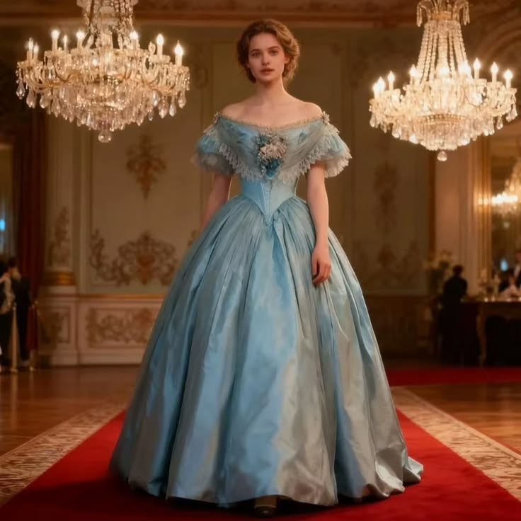 Victorian-Era Blue Silk Ball Gown